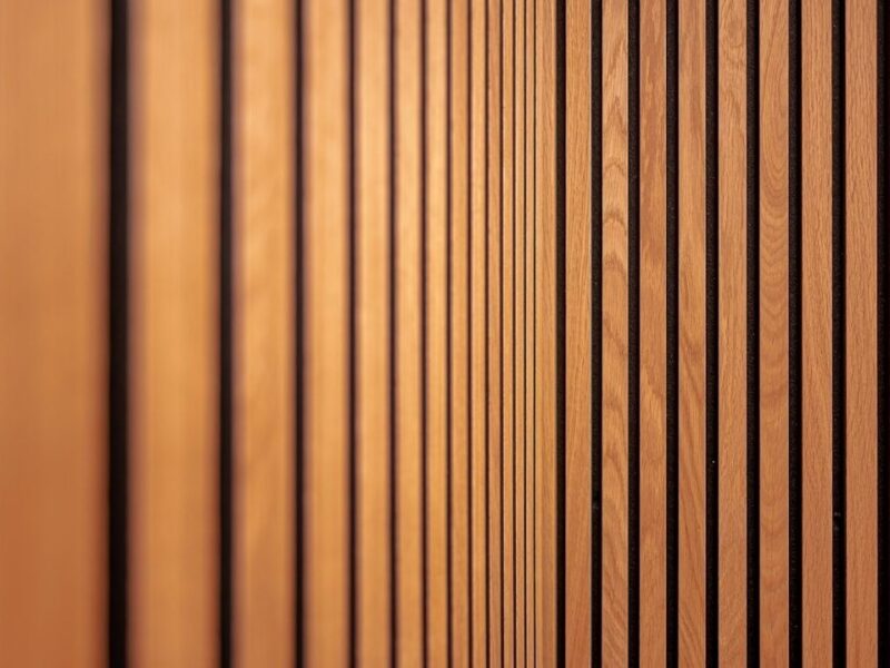 Nahaufnahme vertikaler Holzlamellen als akustisches Wandpaneel